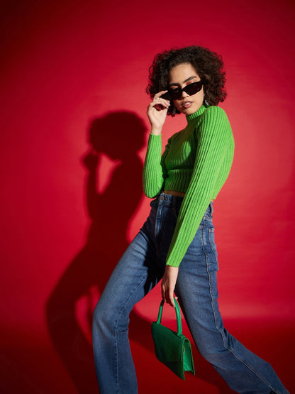 Women Green Rib High Neck Full Sleeves Sweater