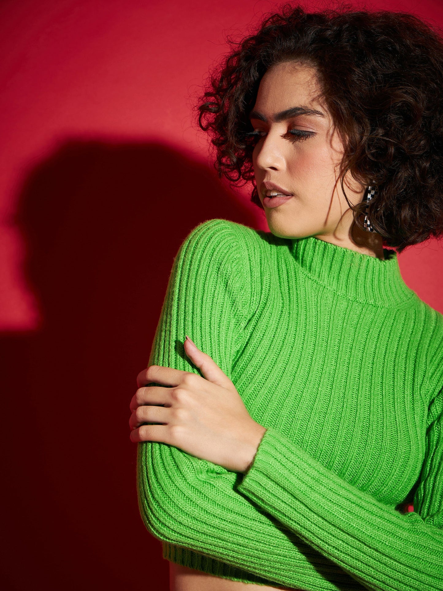 Women Green Rib High Neck Full Sleeves Sweater