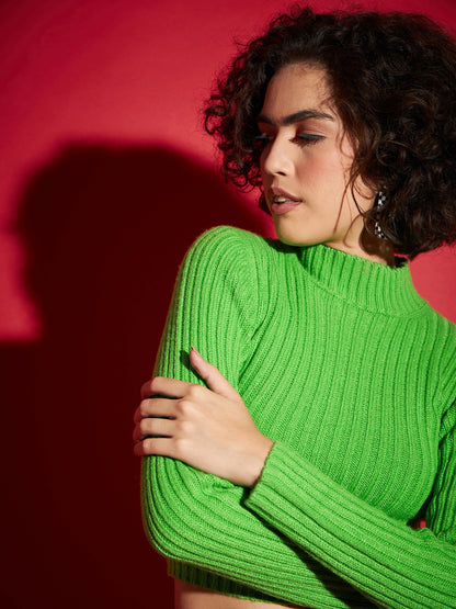 Women Green Rib High Neck Full Sleeves Sweater