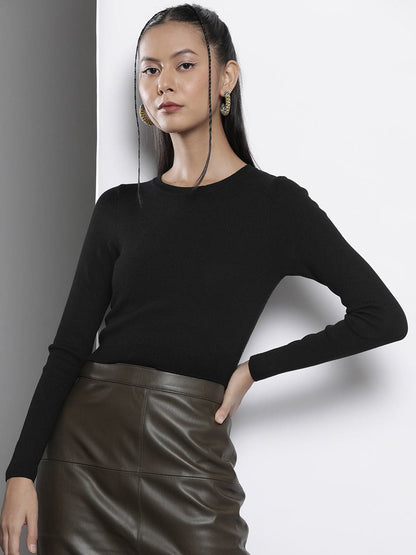 Women Black Rib Round Neck Full Sleeves Crop Sweater