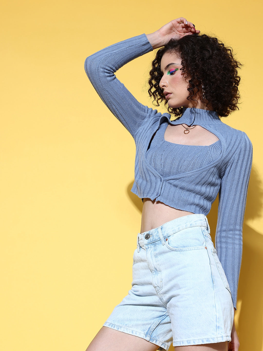 Dull Blue Rhombus Neck Wool Cardigan