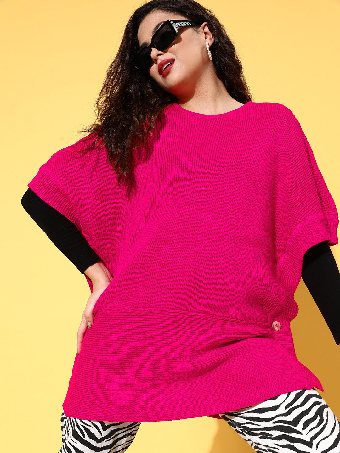 Fuchsia Knit Side Button Poncho Sweater