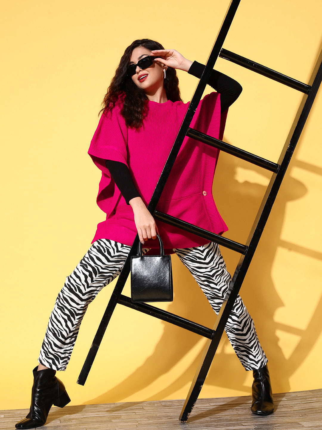 Fuchsia Knit Side Button Poncho Sweater