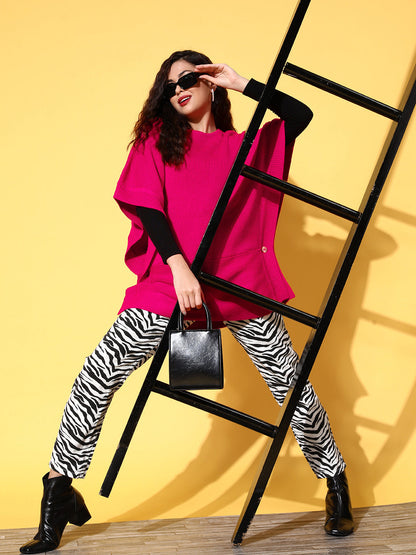 Fuchsia Knit Side Button Poncho Sweater