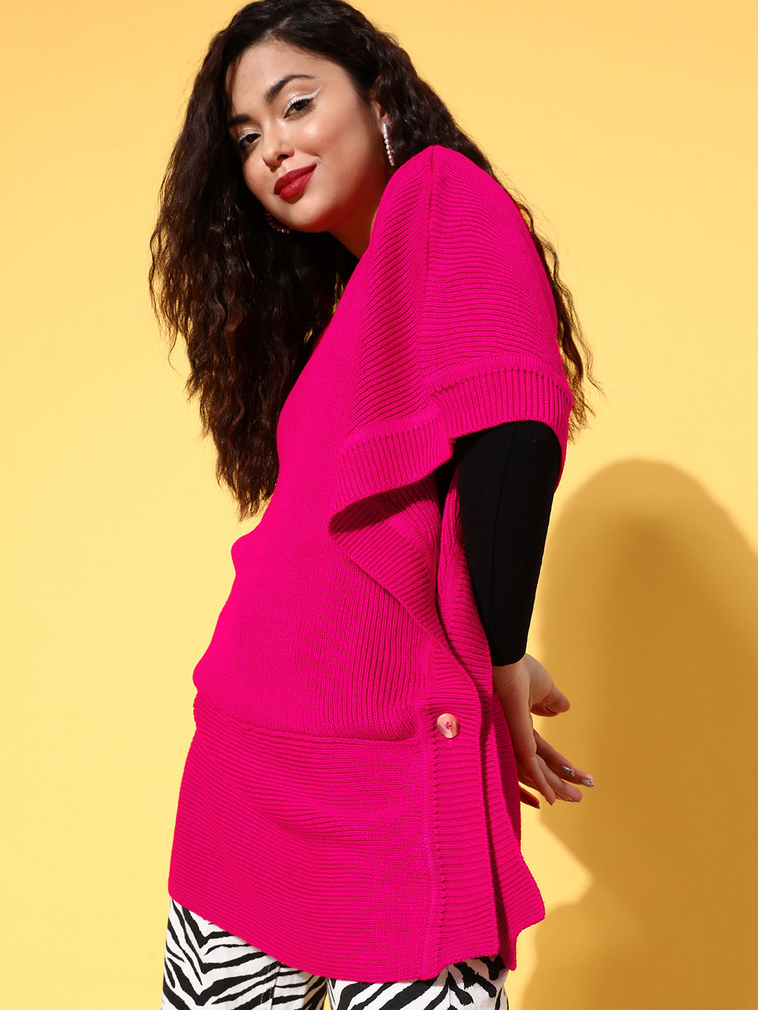 Fuchsia Knit Side Button Poncho Sweater
