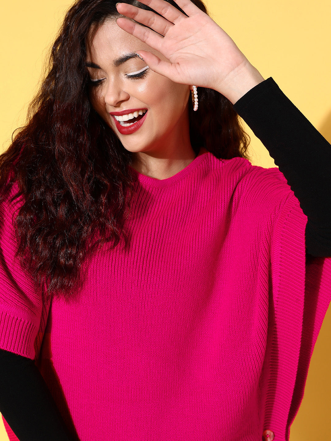 Fuchsia Knit Side Button Poncho Sweater