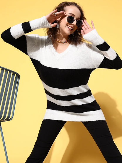 White & Black Striped Rib V Neck Sweater