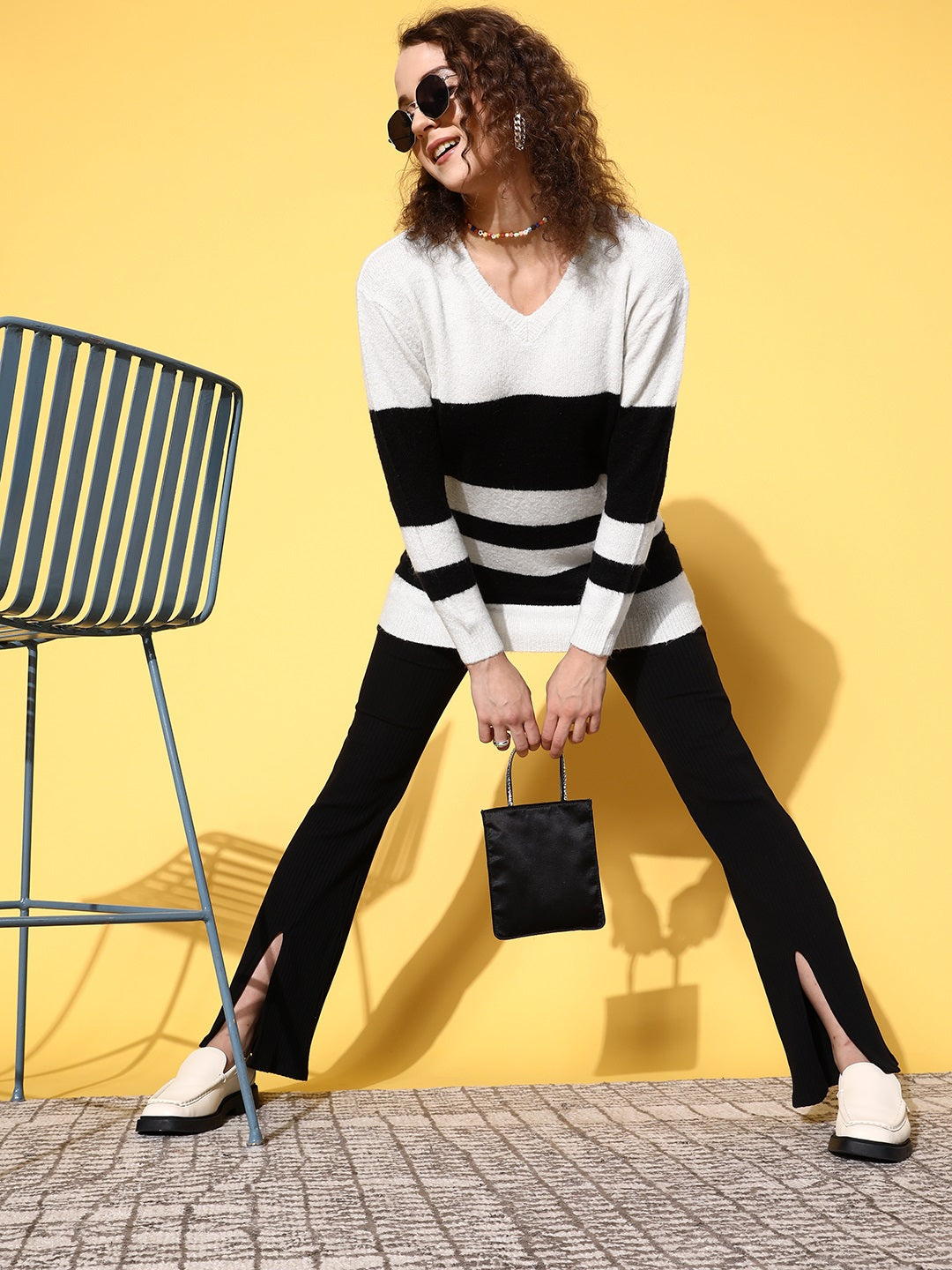 White & Black Striped Rib V Neck Sweater