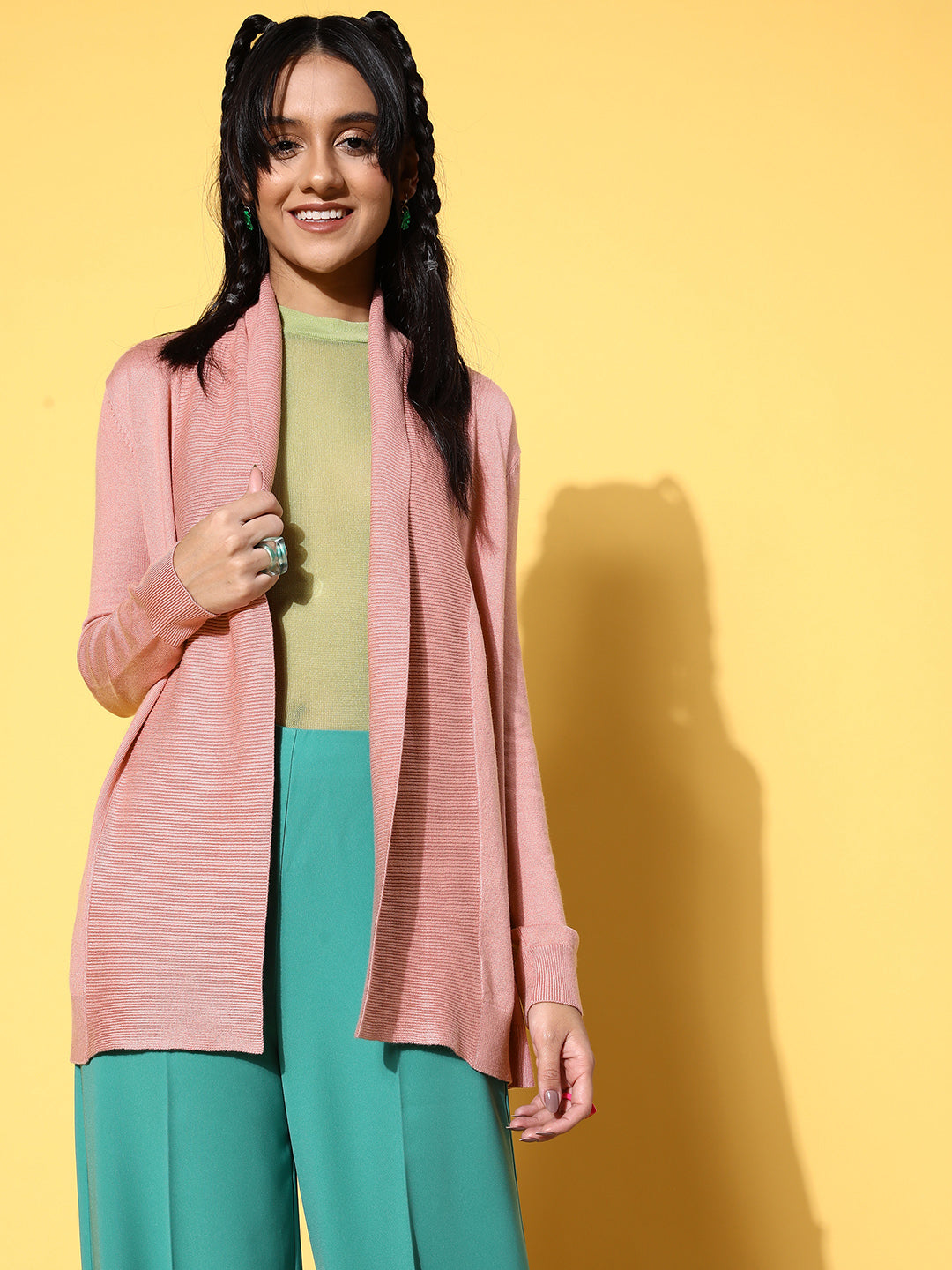 Pink Shawl Collar Front Open Sweater