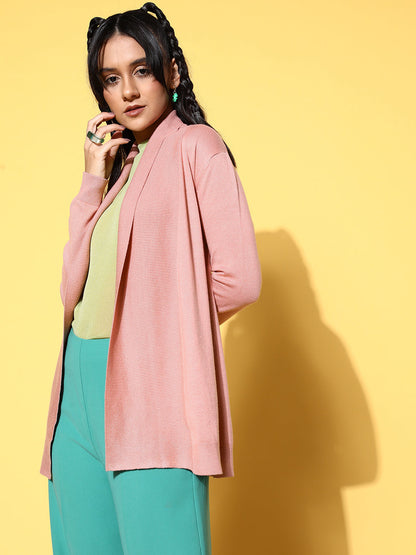 Pink Shawl Collar Front Open Sweater