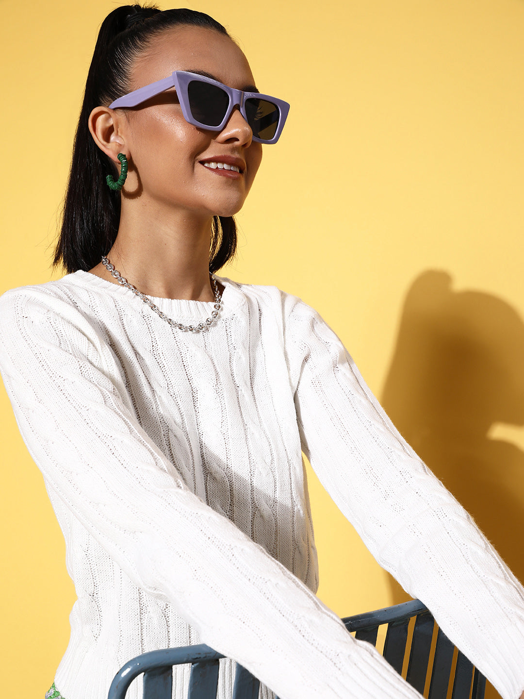 White Cableknit Full Sleeves Sweater