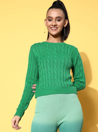 Green Cableknit Full Sleeves Sweater