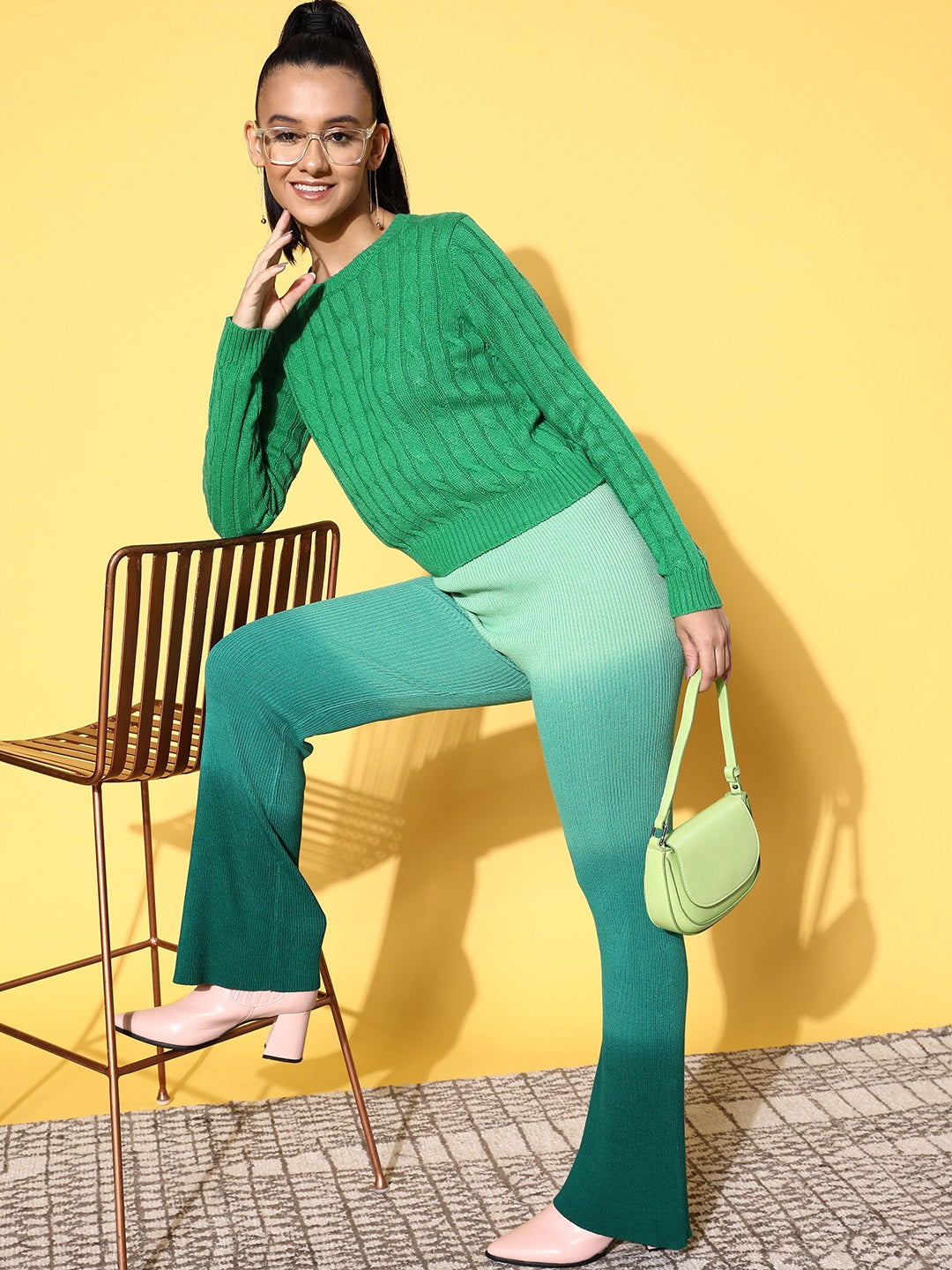 Green Cableknit Full Sleeves Sweater