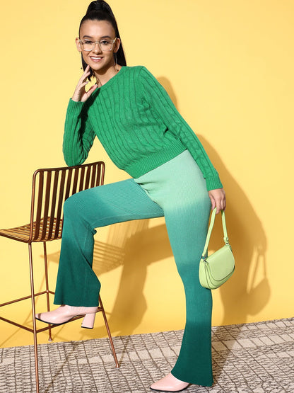 Green Cableknit Full Sleeves Sweater