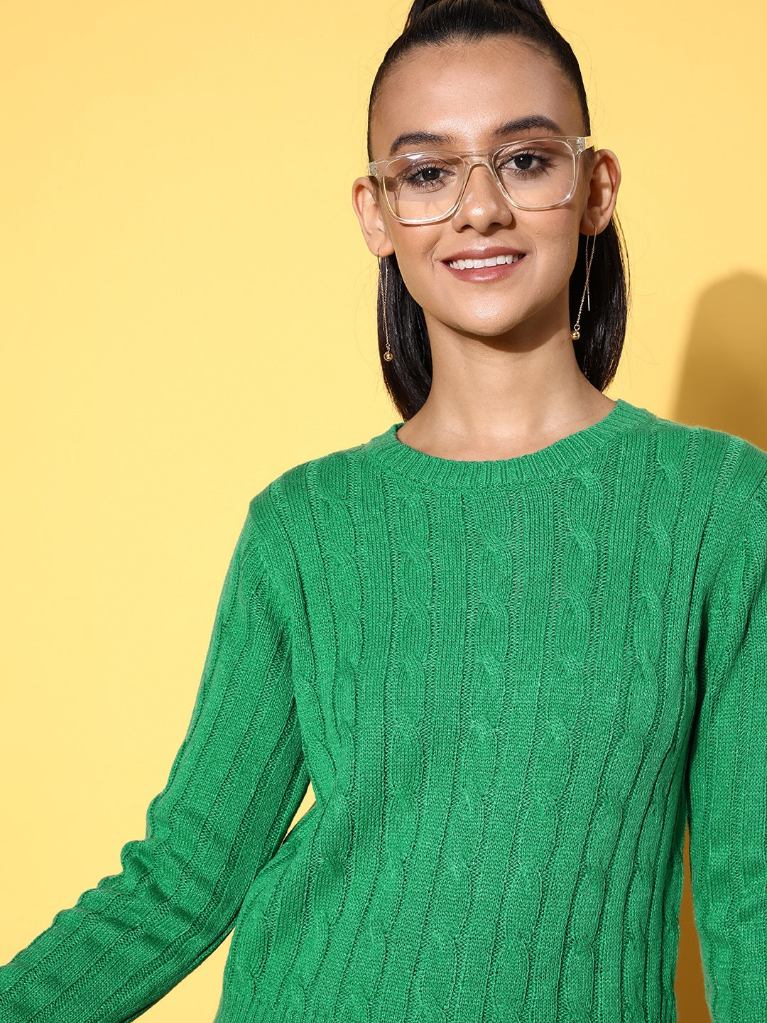 Green Cableknit Full Sleeves Sweater