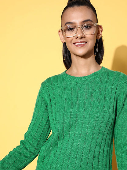 Green Cableknit Full Sleeves Sweater