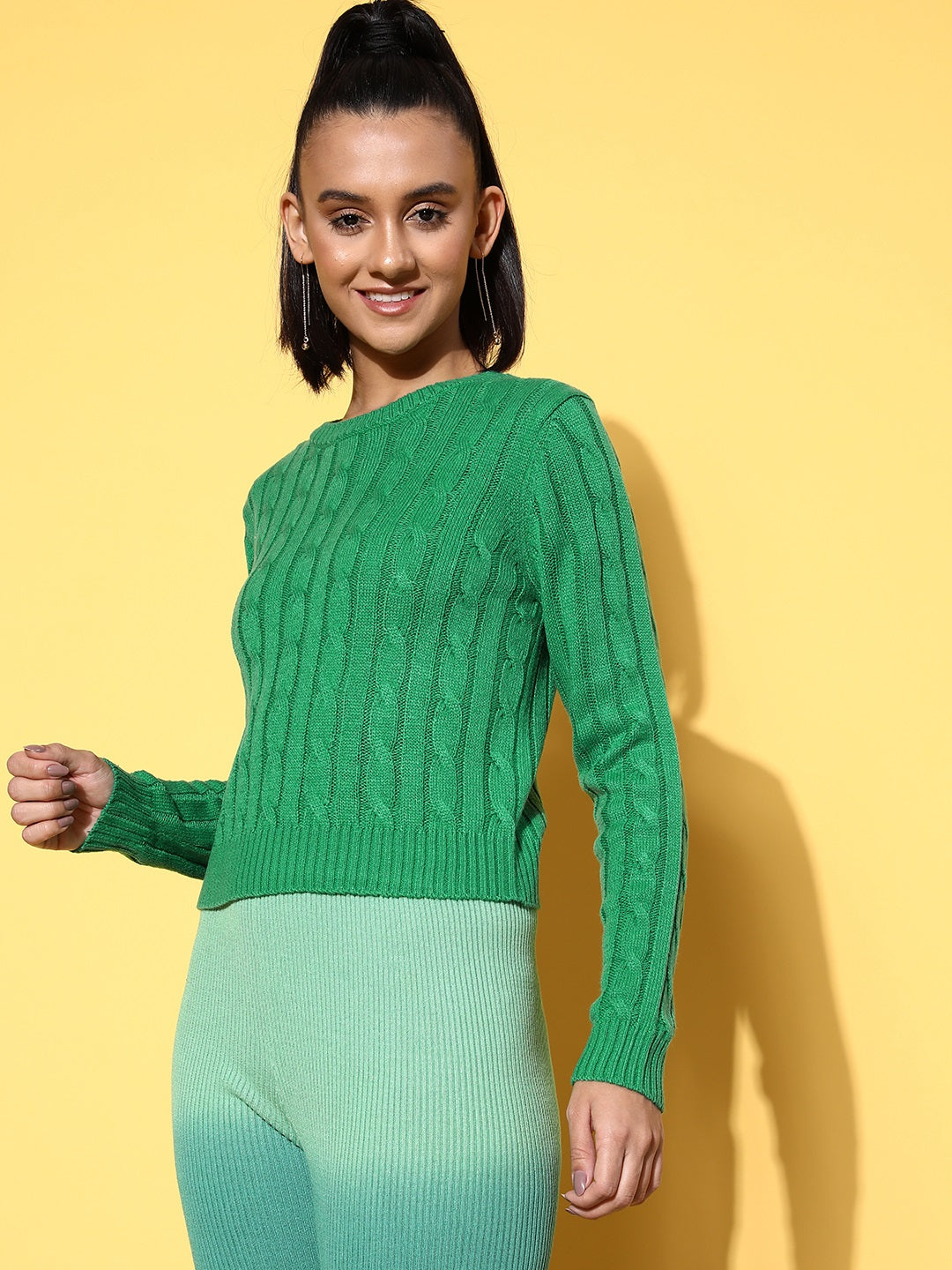 Green Cableknit Full Sleeves Sweater