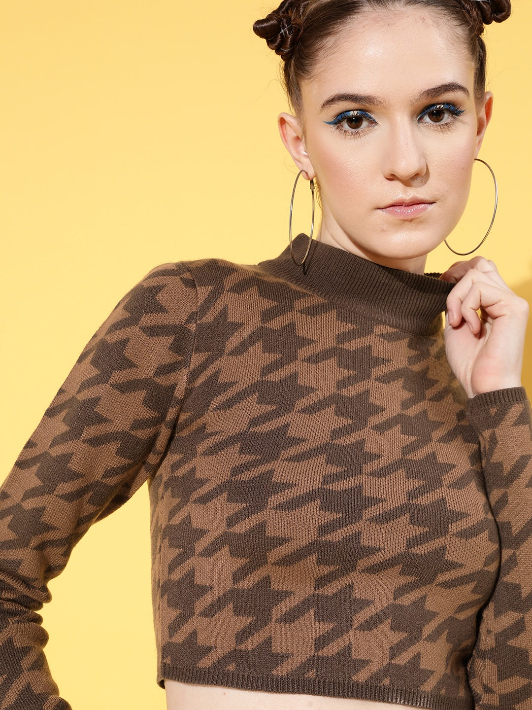 Brown & Dark Brown Houndstooth Crop Sweater