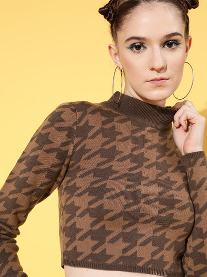 Brown & Dark Brown Houndstooth Crop Sweater