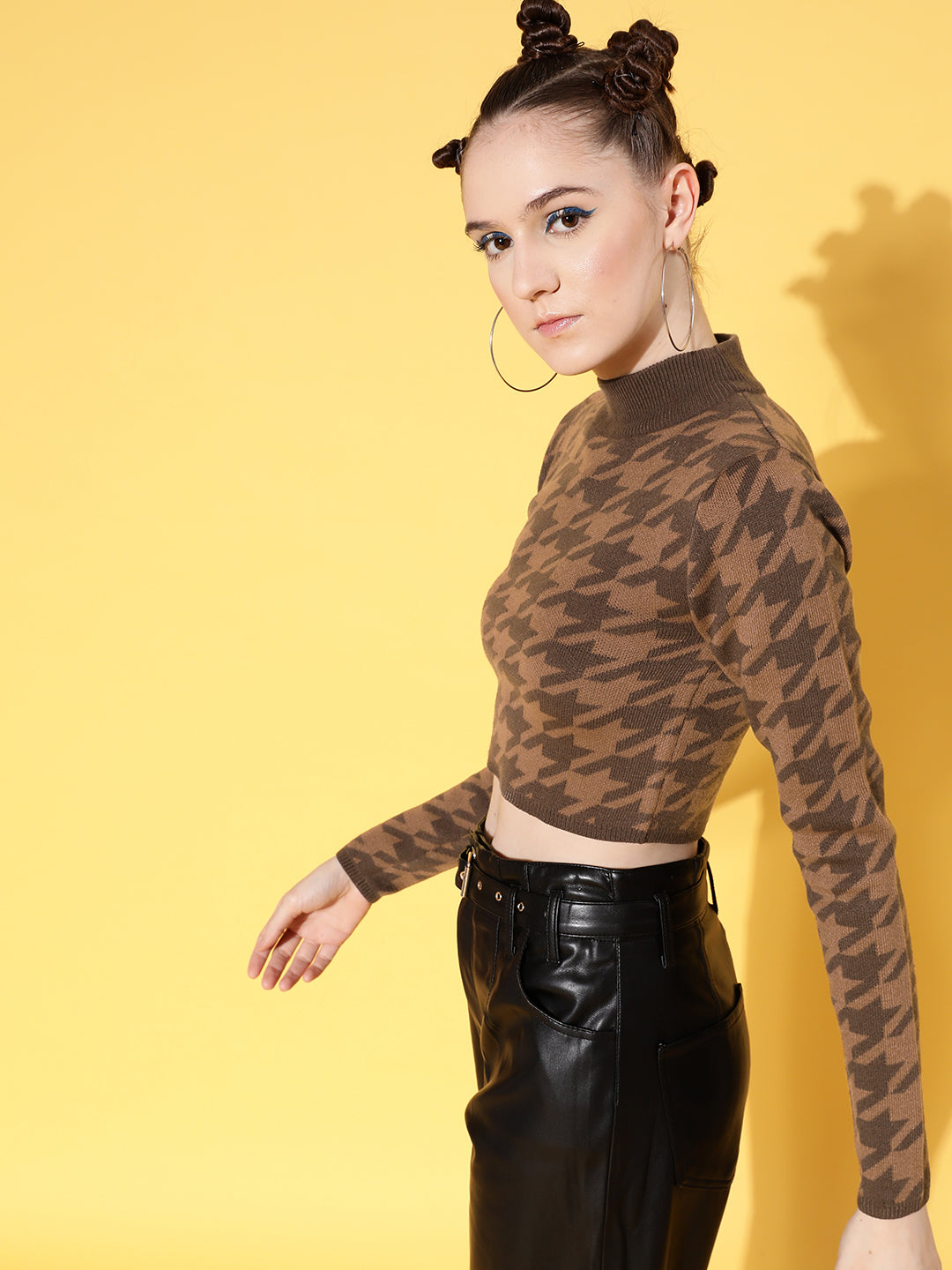 Brown & Dark Brown Houndstooth Crop Sweater