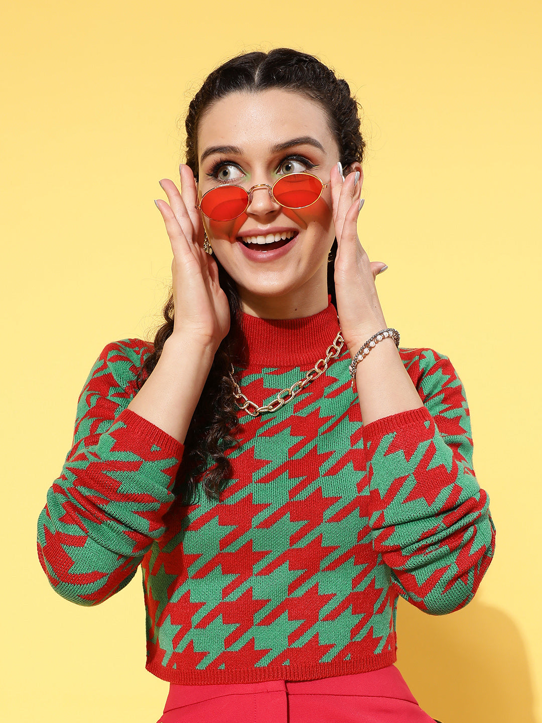 Red And Green Houndstooth Crop Sweater