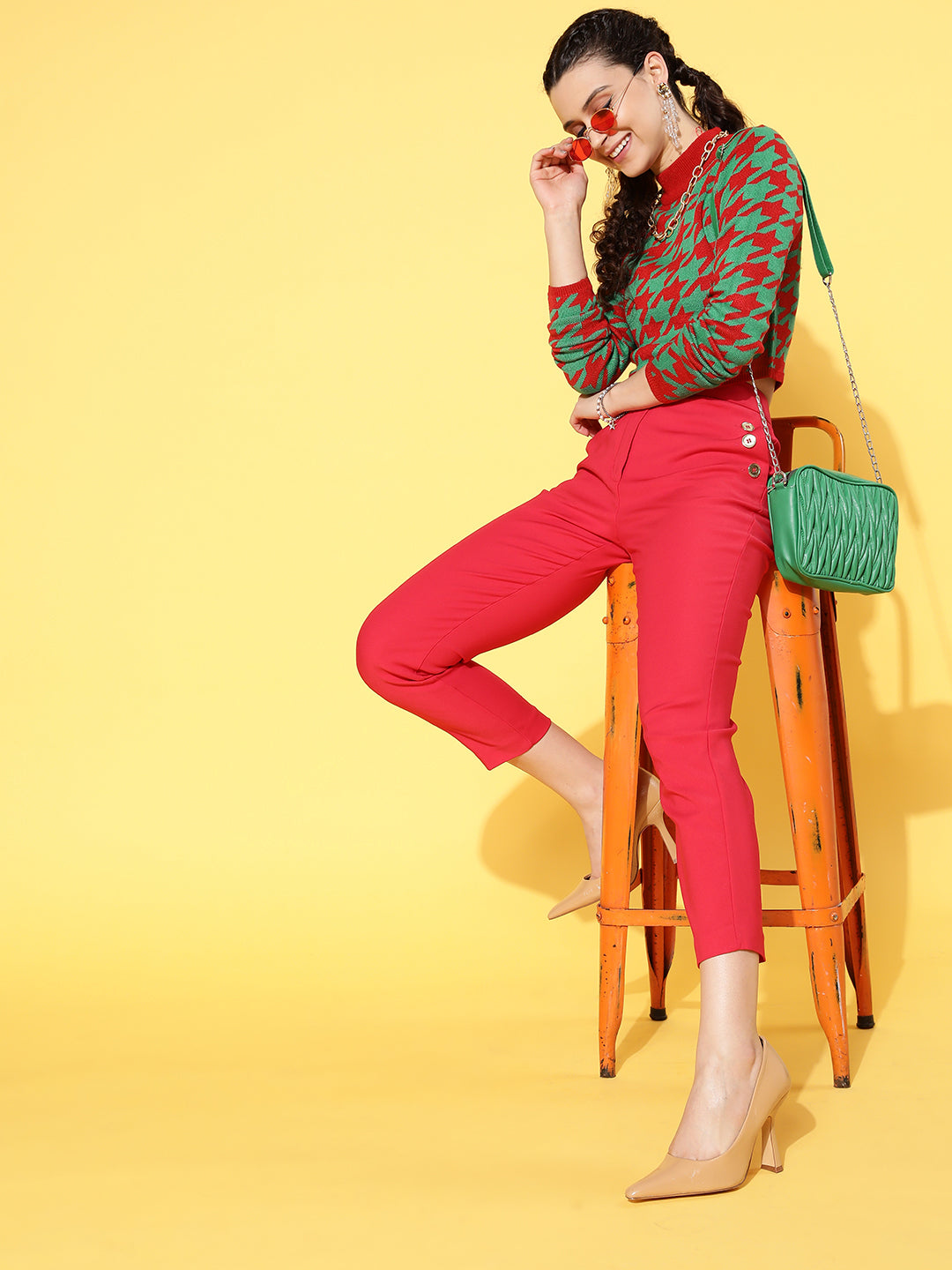 Red And Green Houndstooth Crop Sweater