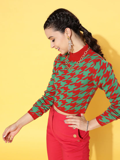 Red And Green Houndstooth Crop Sweater