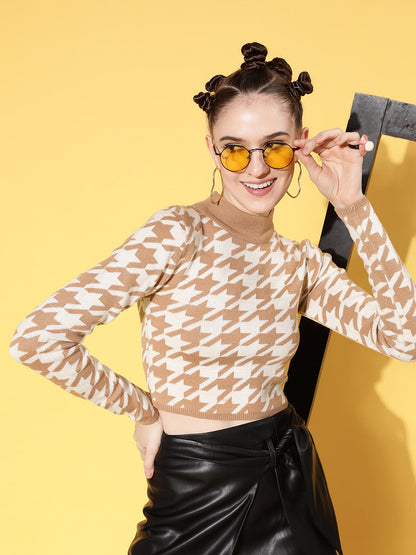 Brown And White Houndstooth Crop Sweater