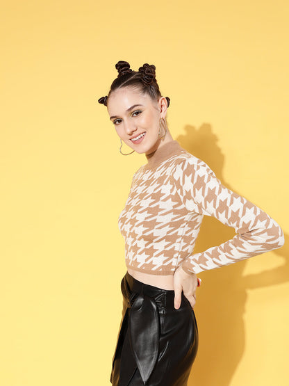 Brown And White Houndstooth Crop Sweater