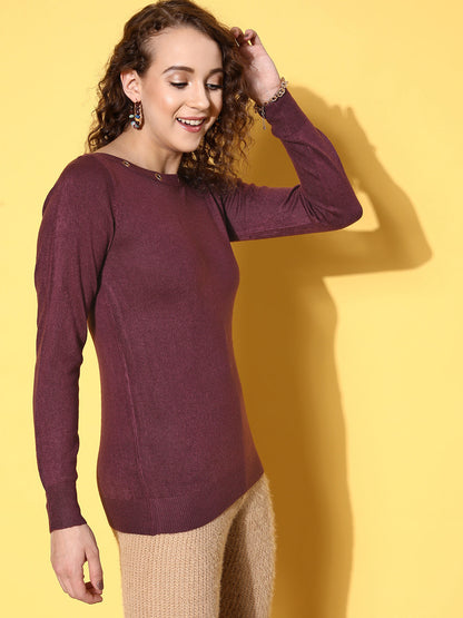 Purple Boat Neck Eyelet Sweater