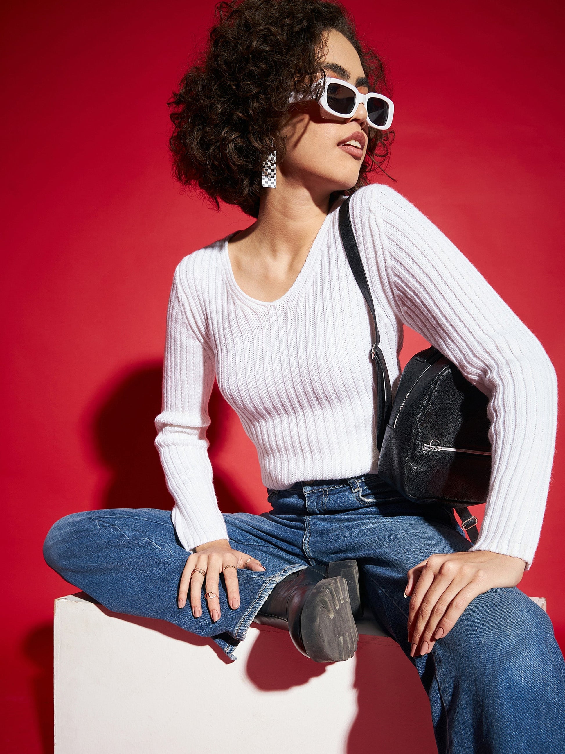 Women's Women White Rib V-Neck Sweater in Viscose Poly fabric by Sassafras for wholesale, bulk, supplier, manufacturer and wholesaler buyers from Trendphoria