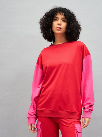 Red Knitted ColourBlock Oversize Sweatshirt