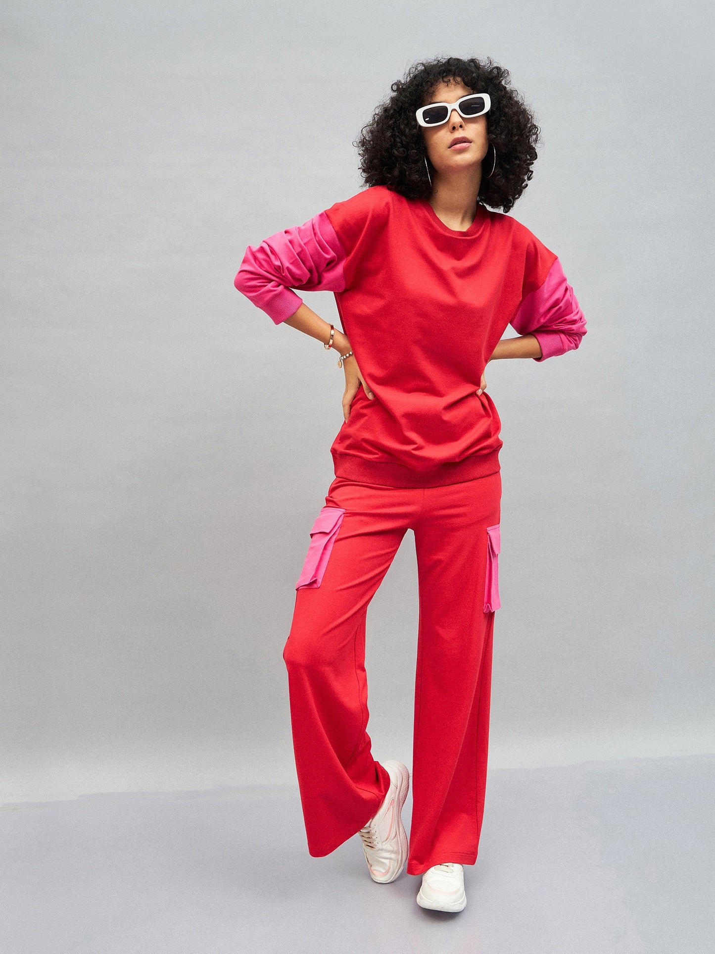 Red Knitted ColourBlock Oversize Sweatshirt