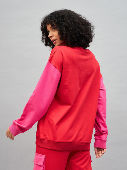 Red Knitted ColourBlock Oversize Sweatshirt