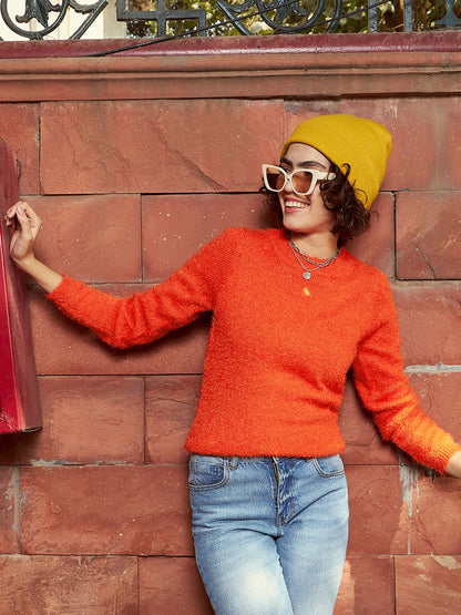 Orange Round Neck Hairy Fur Pullover Sweater