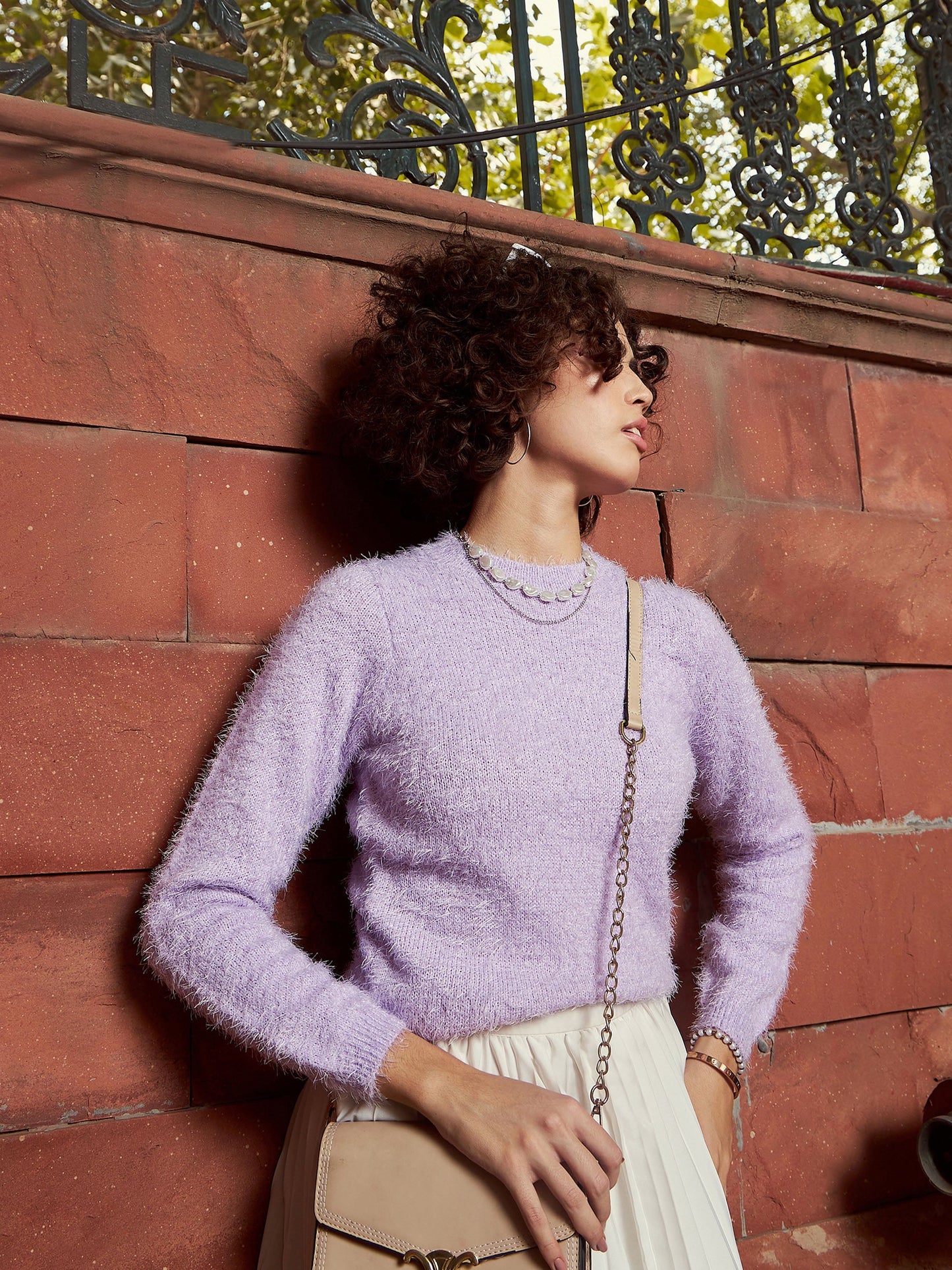 Purple Round Neck Hairy Fur Pullover Sweater