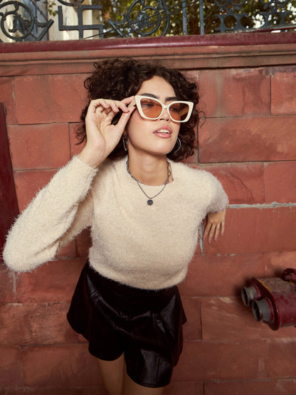 Beige Round Neck Hairy Fur Pullover Sweater