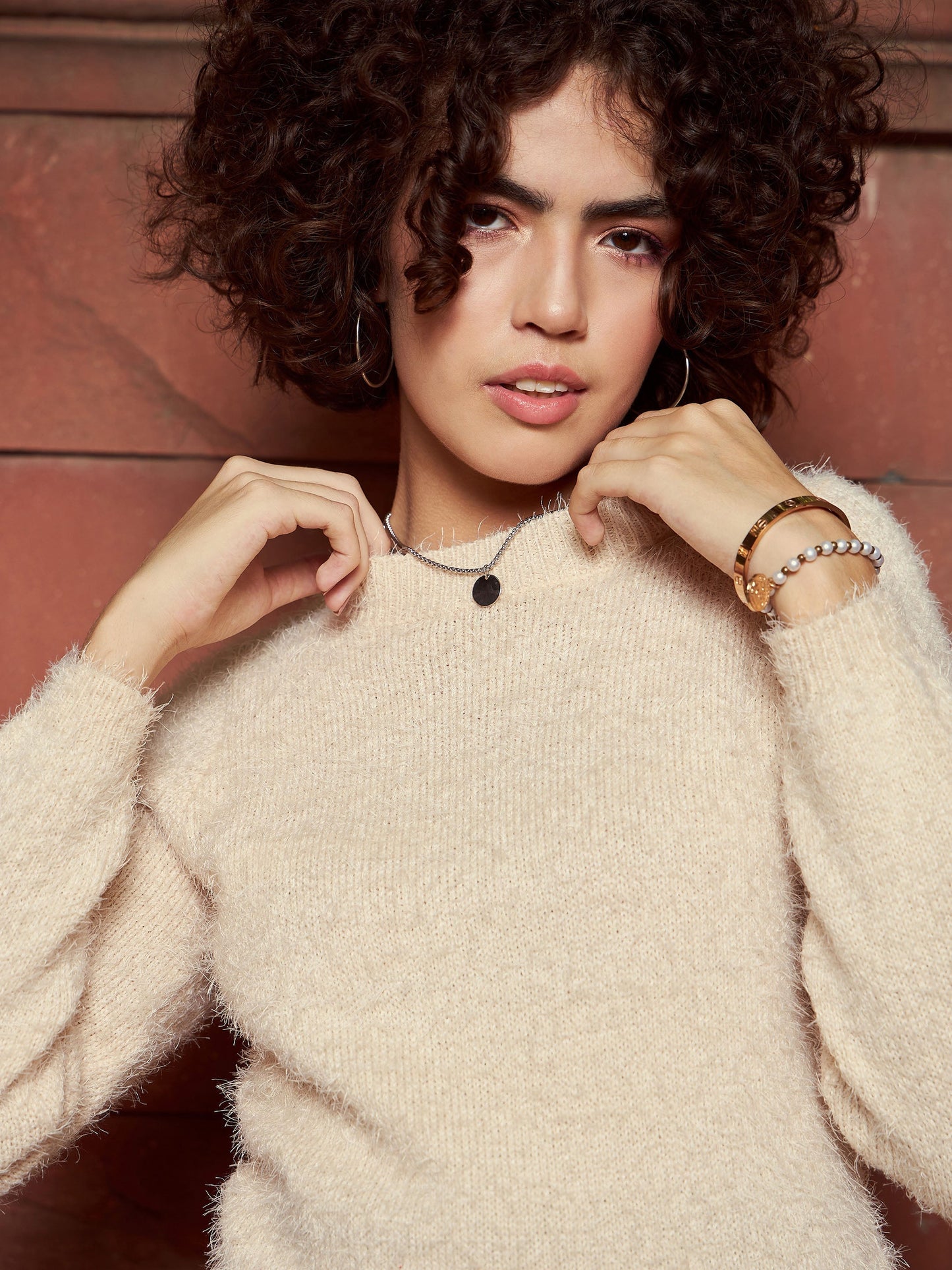 Beige Round Neck Hairy Fur Pullover Sweater
