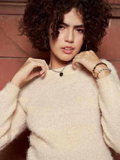 Beige Round Neck Hairy Fur Pullover Sweater
