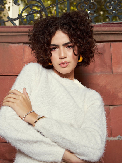 White Round Neck Hairy Fur Pullover Sweater