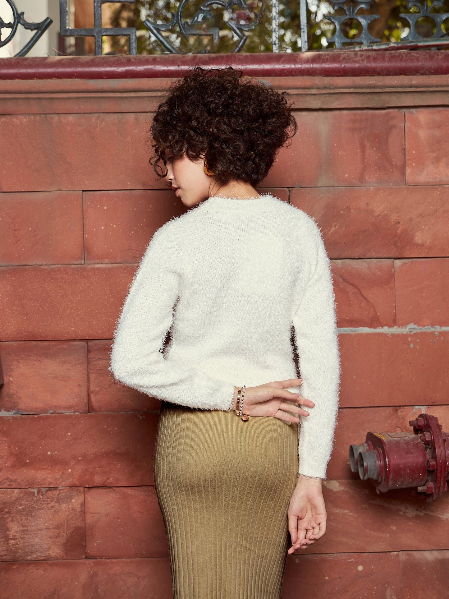 White Round Neck Hairy Fur Pullover Sweater