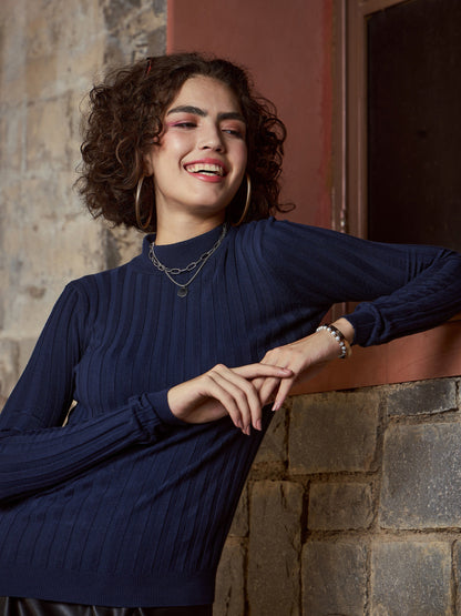 Navy Rib High Neck Full Sleeves Sweater