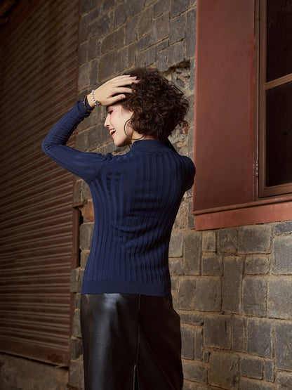 Navy Rib High Neck Full Sleeves Sweater
