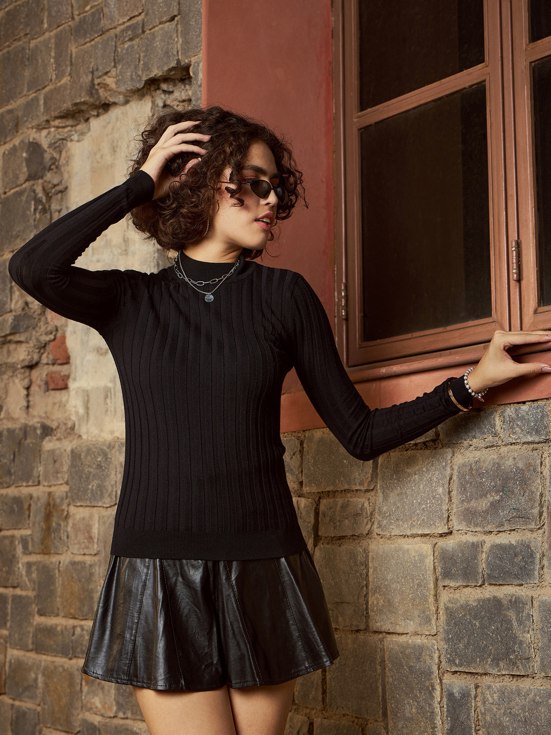 Women's Women Black Rib Full Sleeves High Neck Sweater in Nylon by Sassafras for wholesale, bulk, supplier, manufacturer and wholesaler buyers from Trendphoria