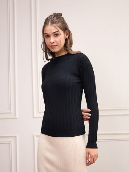 Women Black Rib Full Sleeves High Neck Sweater