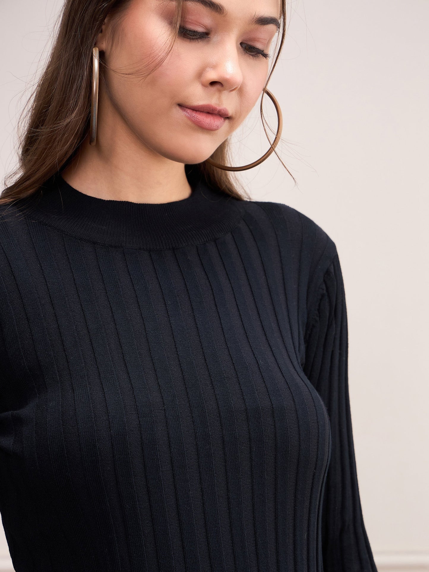 Women Black Rib Full Sleeves High Neck Sweater
