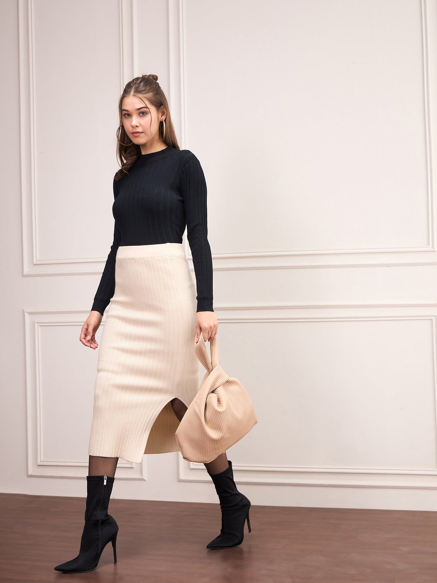 Women Black Rib Full Sleeves High Neck Sweater