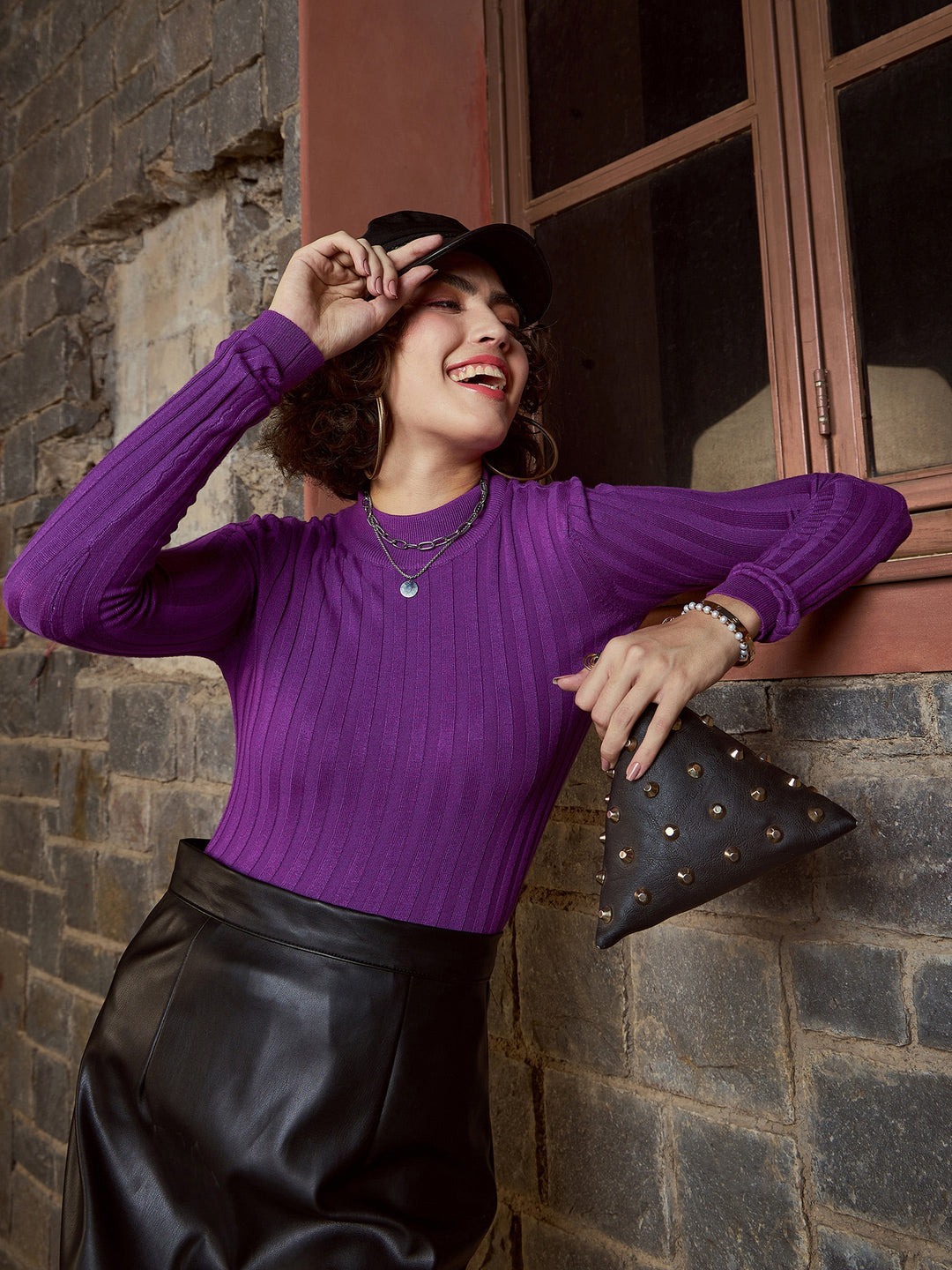 Women's Women Purple Rib Full Sleeves High Neck Sweater in Nylon by Sassafras for wholesale, bulk, supplier, manufacturer and wholesaler buyers from Trendphoria