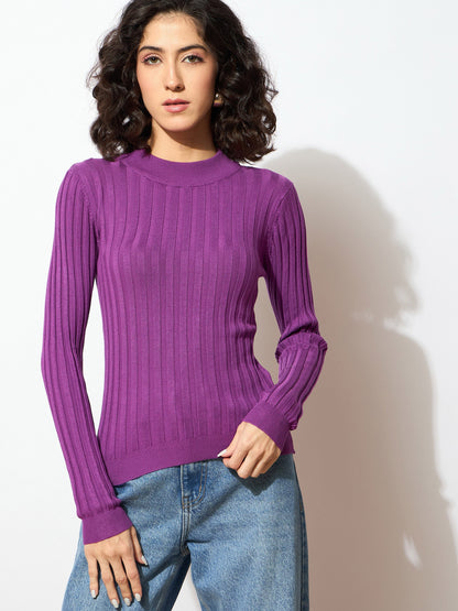 Women Purple Rib Full Sleeves High Neck Sweater
