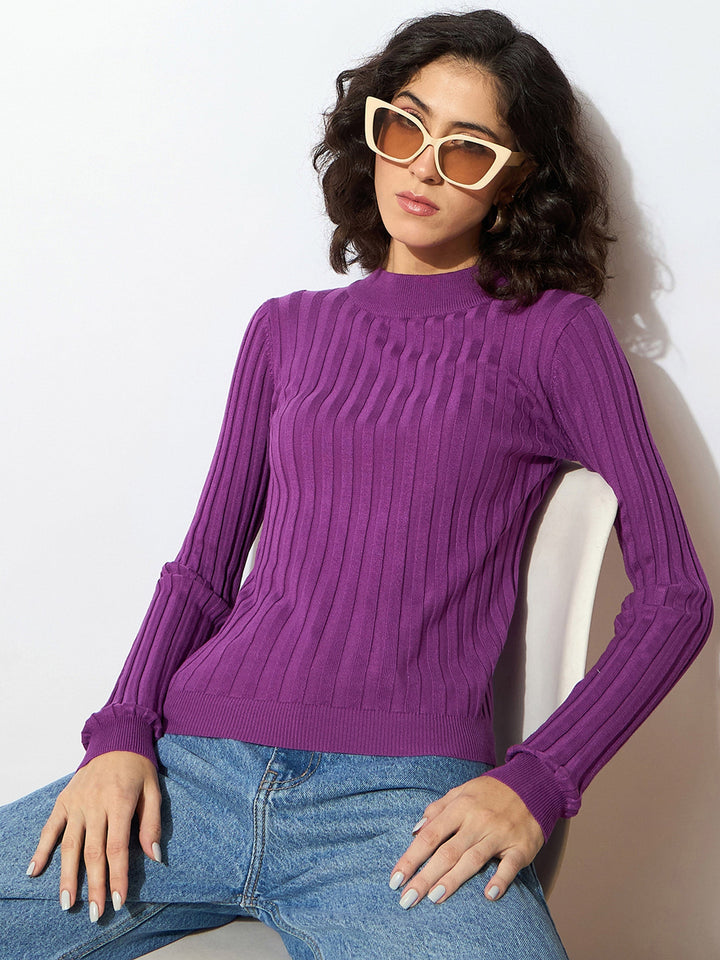 Women Purple Rib Full Sleeves High Neck Sweater